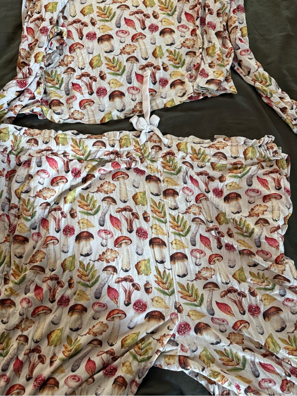 Posh Peanut Cream Mushroom & Leaf Print Two-Piece Pajama Set - Picture 3 of 5